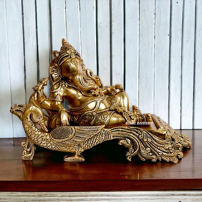 Solid Brass Ganesha Resting on Peacock statue - 11.5 inches Nikuressence
