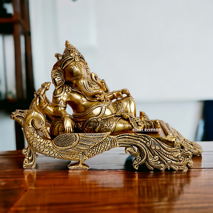 Solid Brass Ganesha Resting on Peacock statue - 11.5 inches Nikuressence