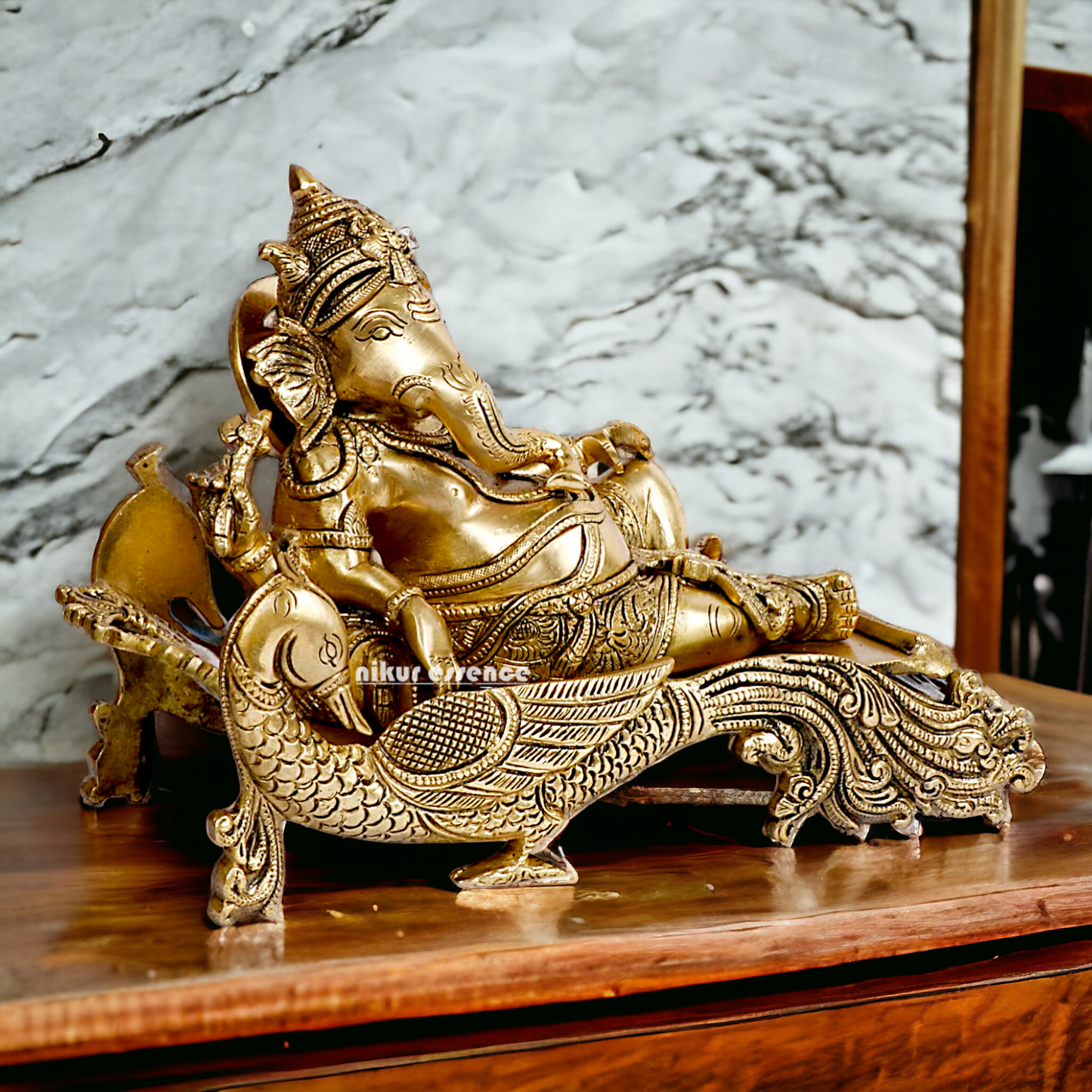 Solid Brass Ganesha Resting on Peacock statue - 11.5 inches Nikuressence