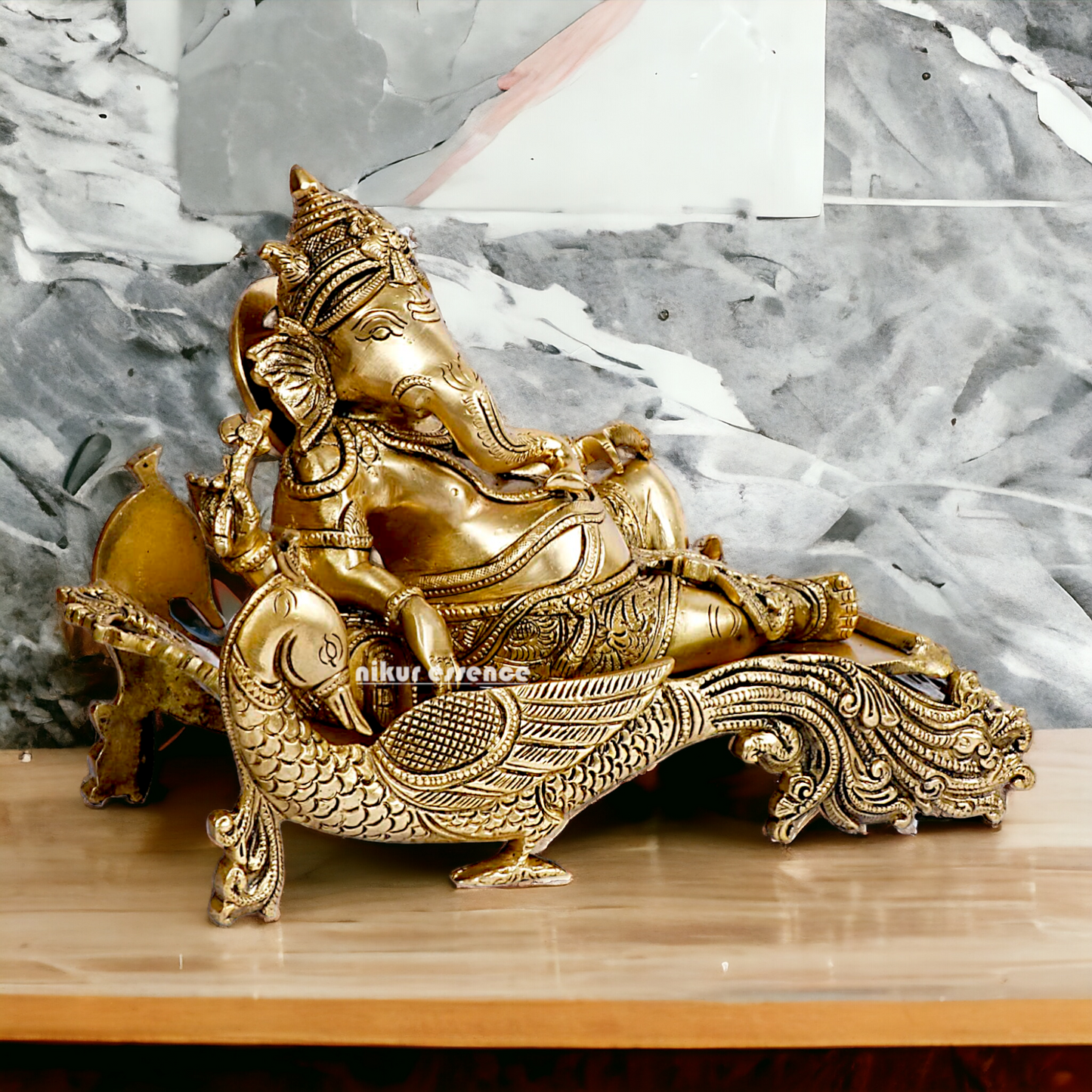 Solid Brass Ganesha Resting on Peacock statue - 11.5 inches Nikuressence