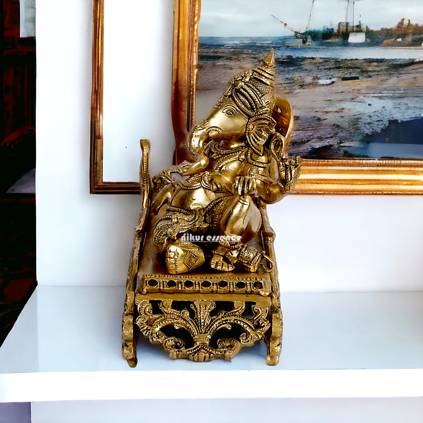 Solid Brass Ganesha Resting on Peacock statue - 11.5 inches Nikuressence