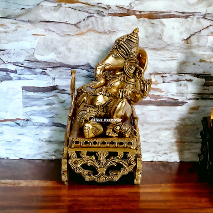 Solid Brass Ganesha Resting on Peacock statue - 11.5 inches Nikuressence