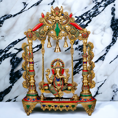 Lord Ganesha Bhagwan Swing Jhula Brass with Stone Work Statue - 27 inches Nikuressence