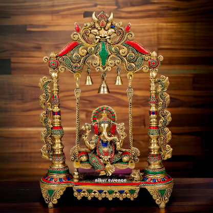 Lord Ganesha Bhagwan Swing Jhula Brass with Stone Work Statue - 27 inches Nikuressence