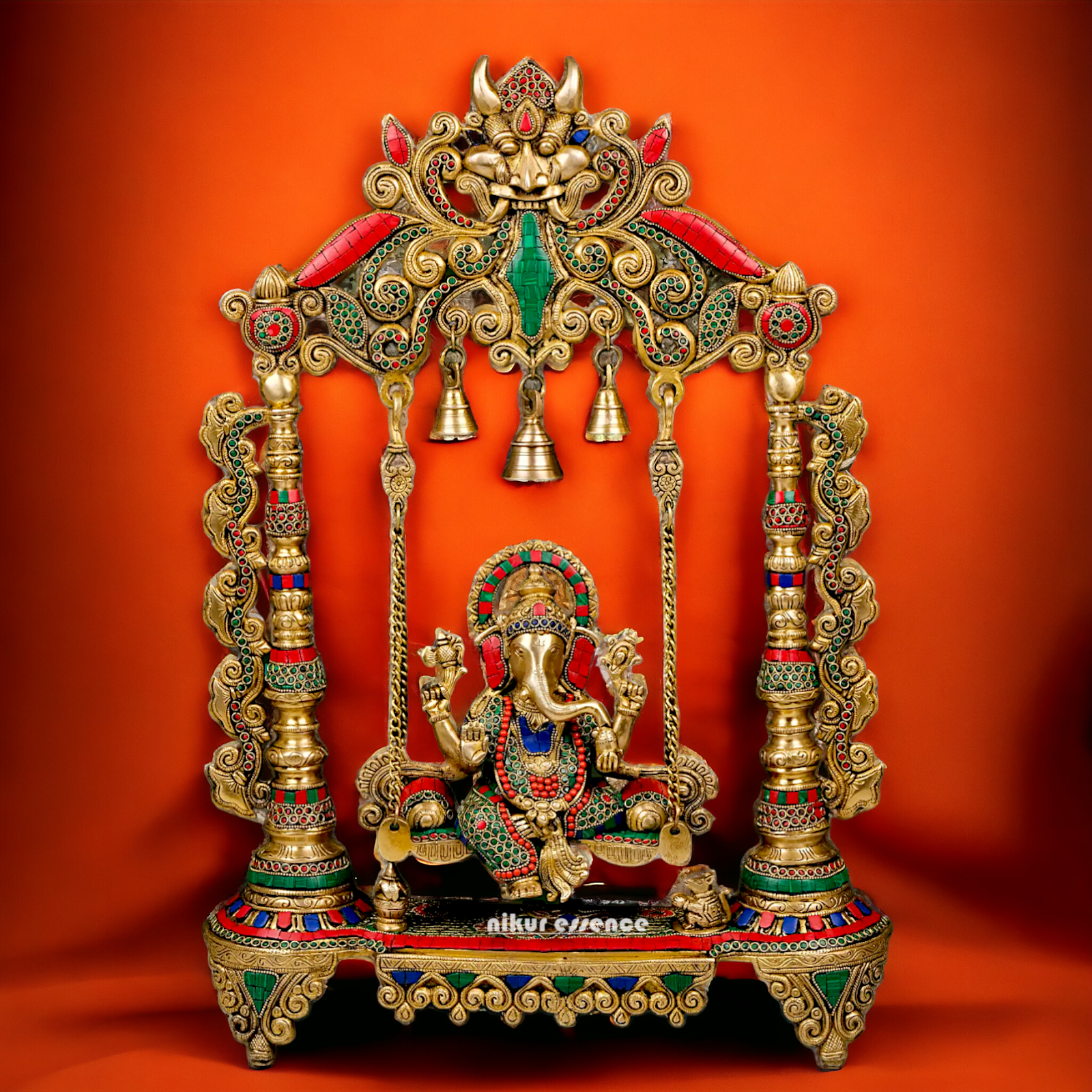 Lord Ganesha Bhagwan Swing Jhula Brass with Stone Work Statue - 27 inches Nikuressence