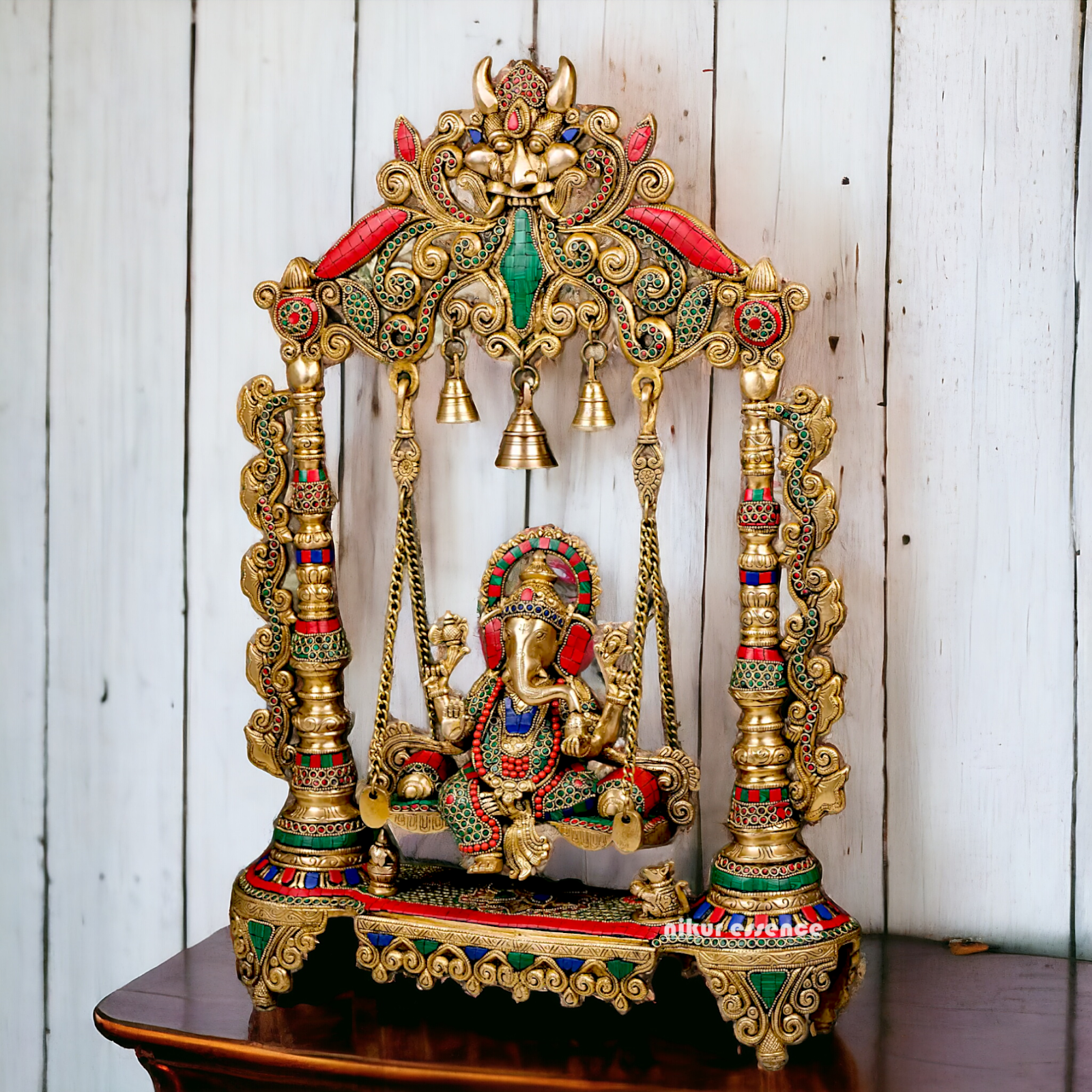 Lord Ganesha Bhagwan Swing Jhula Brass with Stone Work Statue - 27 inches Nikuressence