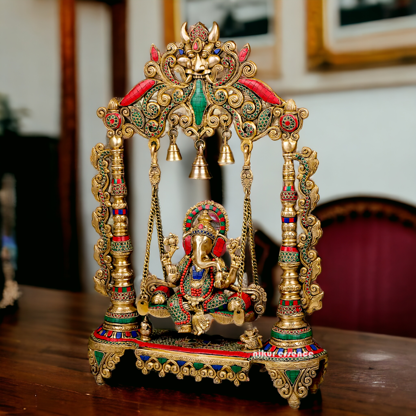 Lord Ganesha Bhagwan Swing Jhula Brass with Stone Work Statue - 27 inches Nikuressence