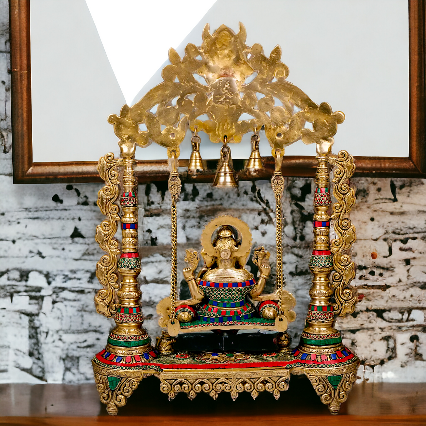 Lord Ganesha Bhagwan Swing Jhula Brass with Stone Work Statue - 27 inches Nikuressence