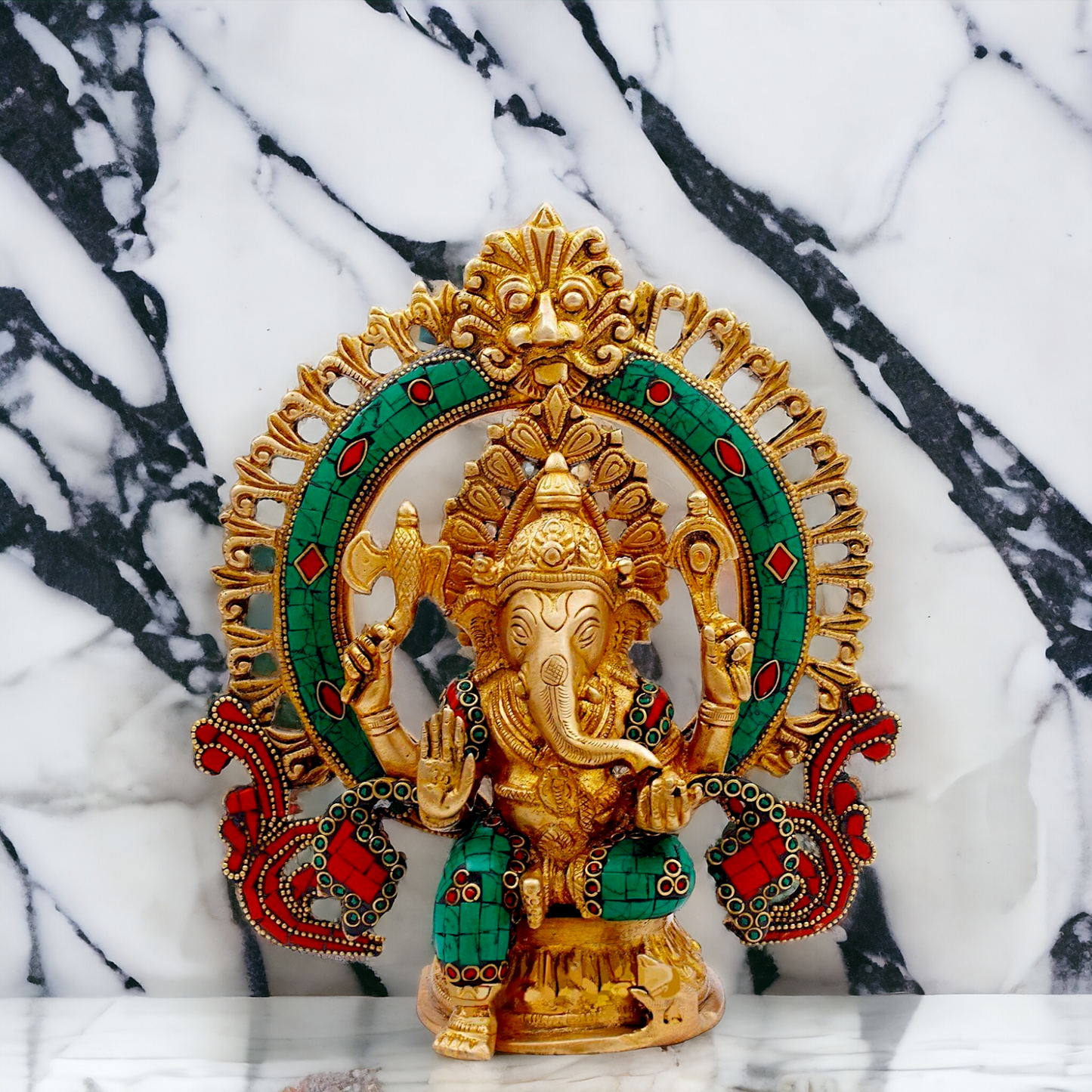 Buy Ganesha Sitting Brass with Stone Work statue - 9 nches Nikuressence