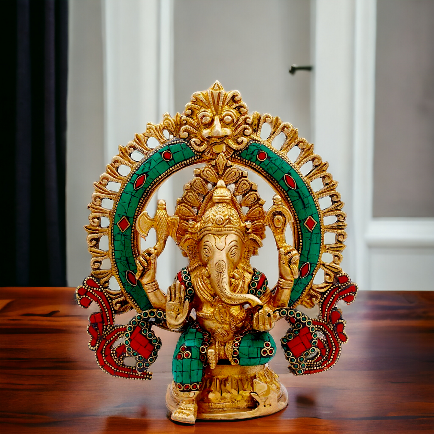 Buy Ganesha Sitting Brass with Stone Work statue - 9 nches Nikuressence