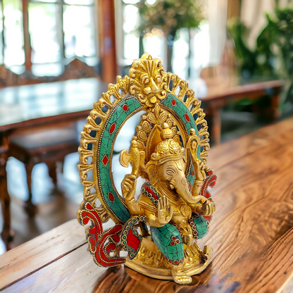 Buy Ganesha Sitting Brass with Stone Work statue - 9 nches Nikuressence