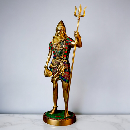 Large Shiva Mahadev ji standing brass with Stone Work statue - 19.5 inches Nikuressence