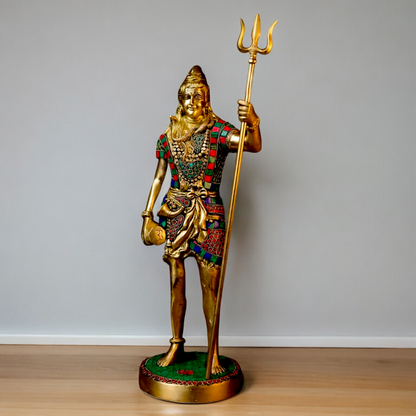 Large Shiva Mahadev ji standing brass with Stone Work statue - 19.5 inches Nikuressence