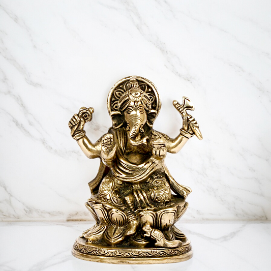 Superfine Brass Ganesha Sitting on lotus idol - 5 inches Nikuressence