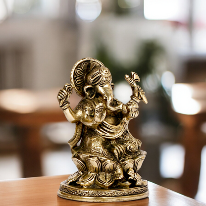 Superfine Brass Ganesha Sitting on lotus idol - 5 inches Nikuressence