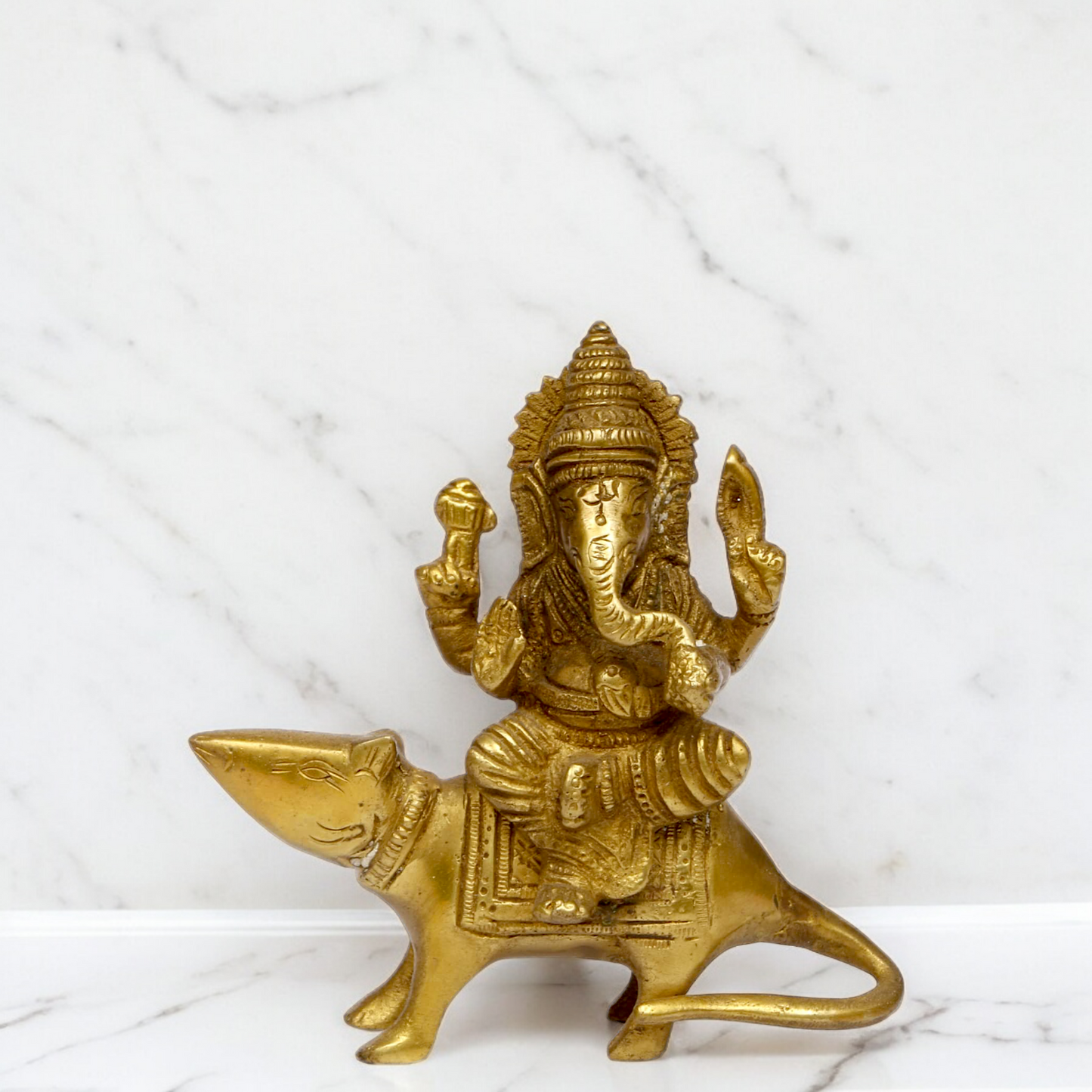 Lord Ganesha Sitting on Rat solid brass idol - 5 inches Nikuressence
