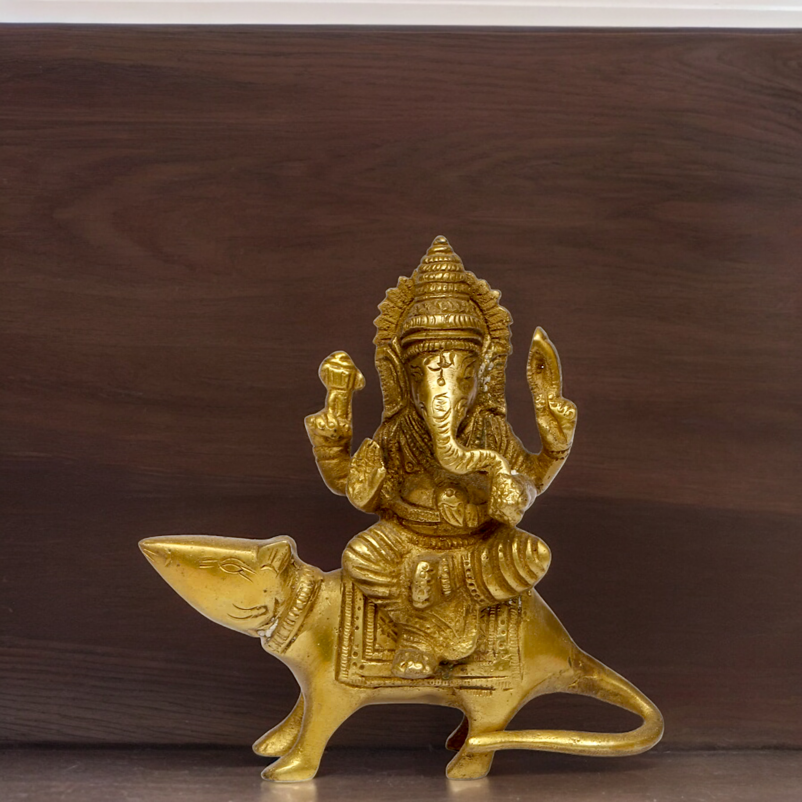 Lord Ganesha Sitting on Rat solid brass idol - 5 inches Nikuressence