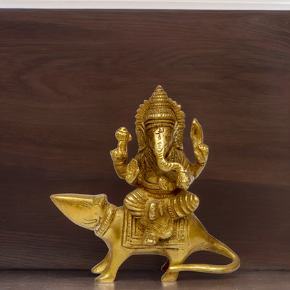 Lord Ganesha Sitting on Rat solid brass idol - 5 inches Nikuressence