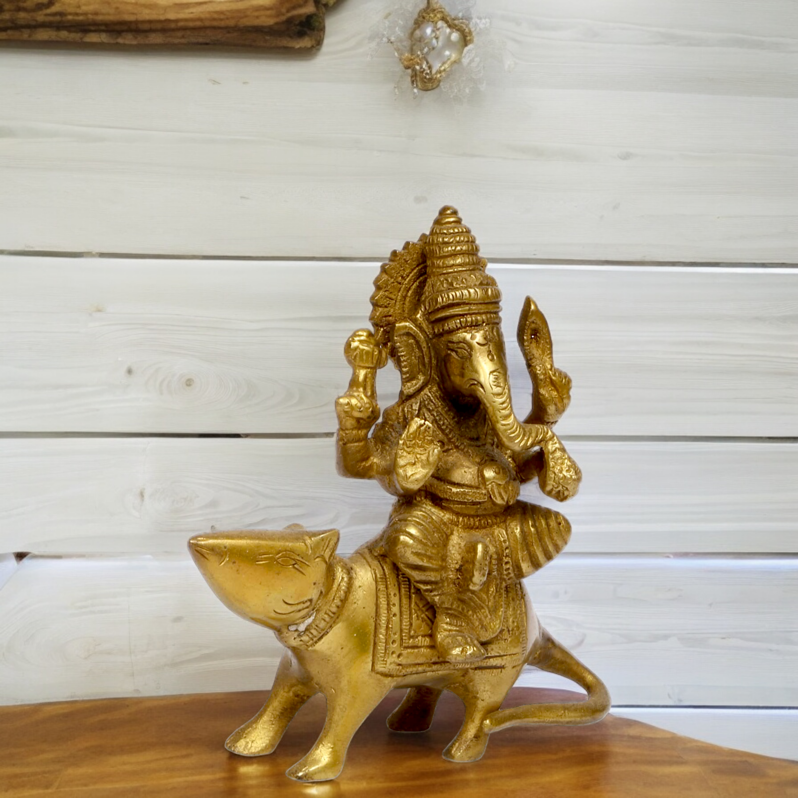 Lord Ganesha Sitting on Rat solid brass idol - 5 inches Nikuressence