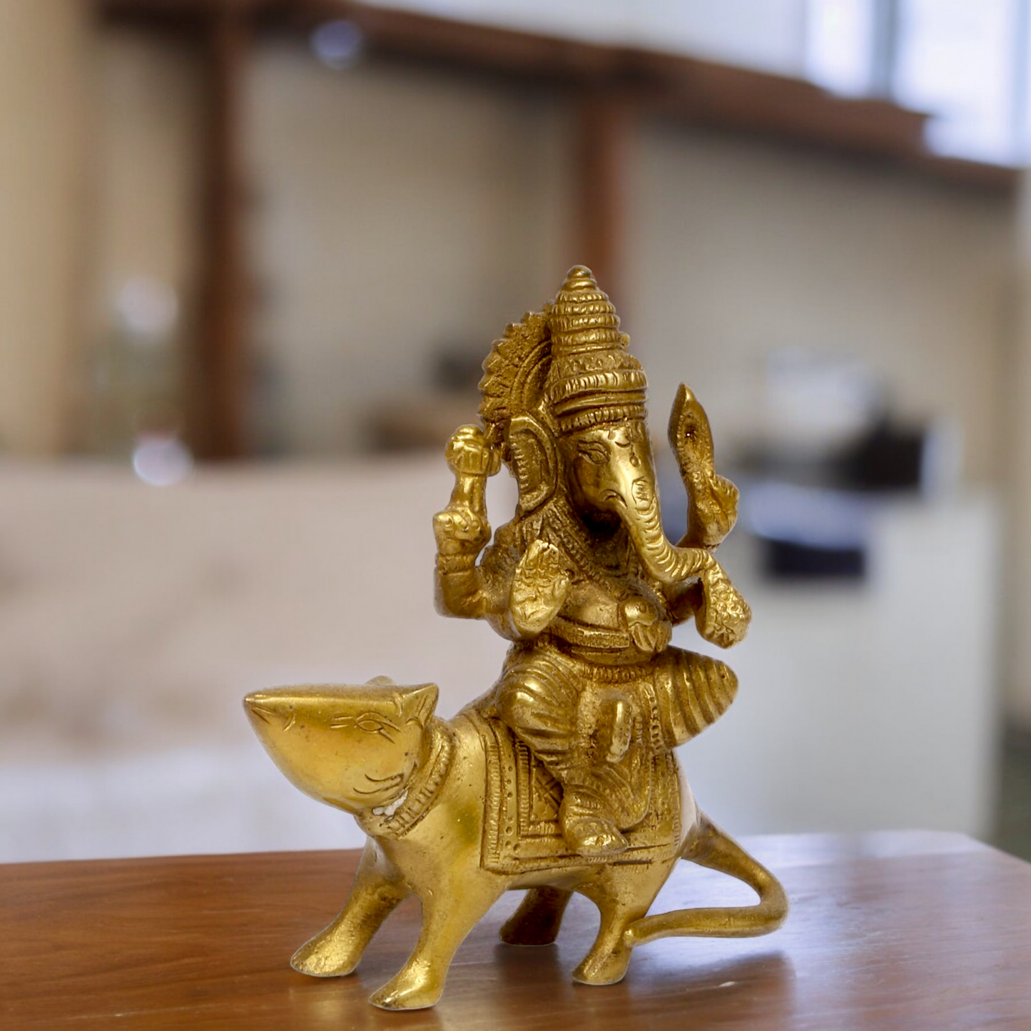 Lord Ganesha Sitting on Rat solid brass idol - 5 inches Nikuressence