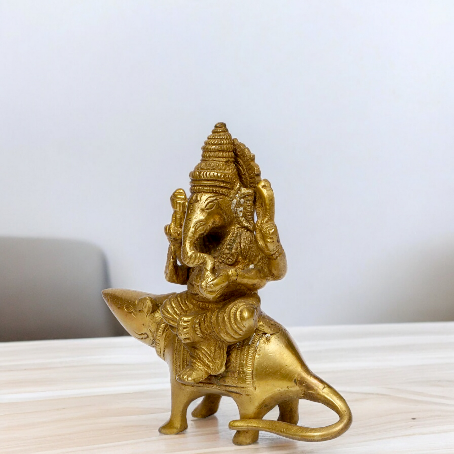 Lord Ganesha Sitting on Rat solid brass idol - 5 inches Nikuressence