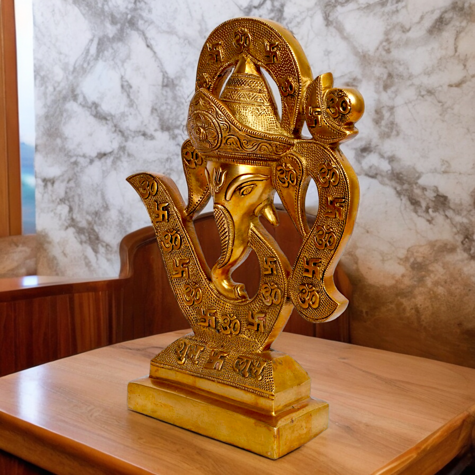 Solid Brass Ganesha Ganpati Face with Om idol - 13.5 inches Nikuressence