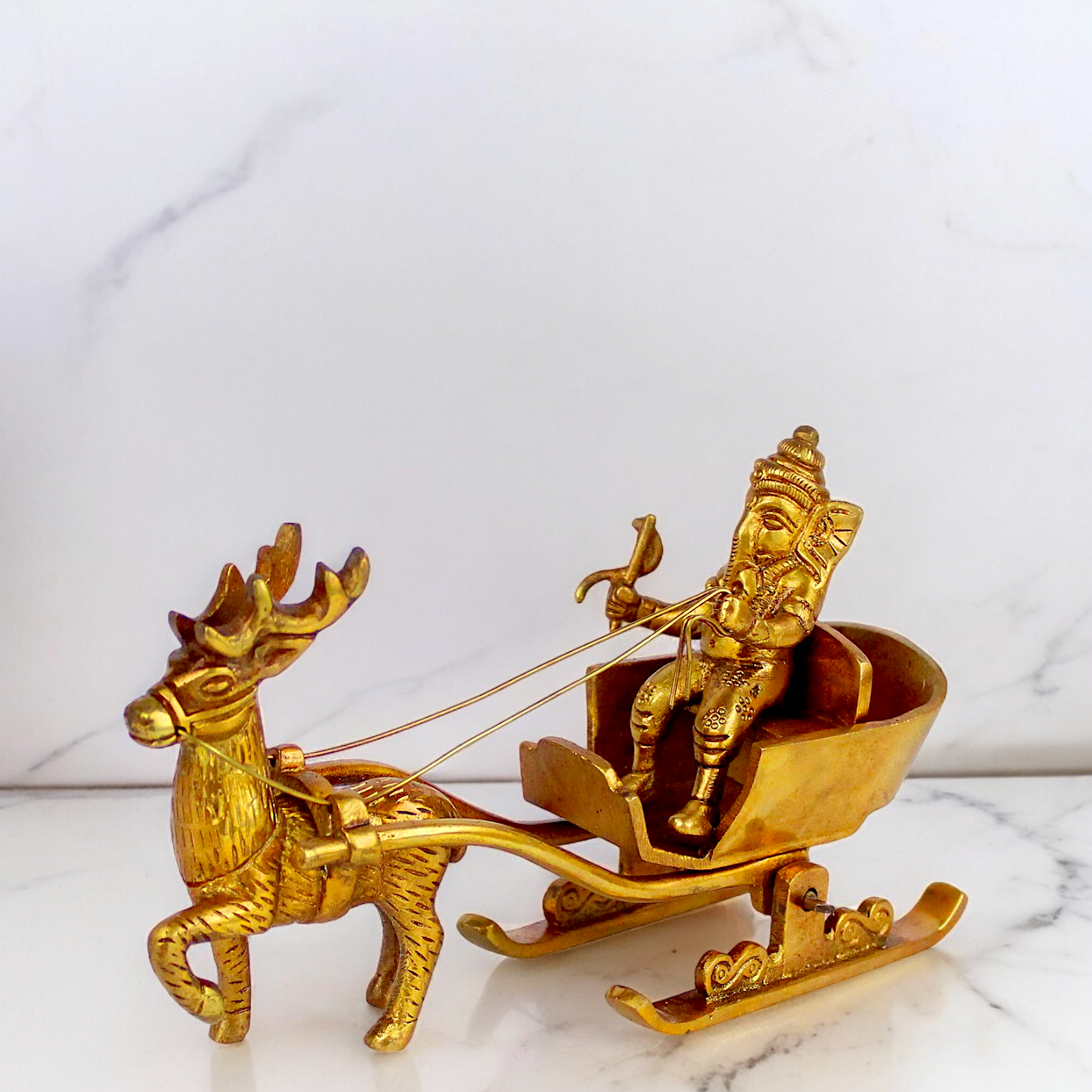 Solid Brass Ganesh Sitting deer Rath idol - 7 inches Nikuressence