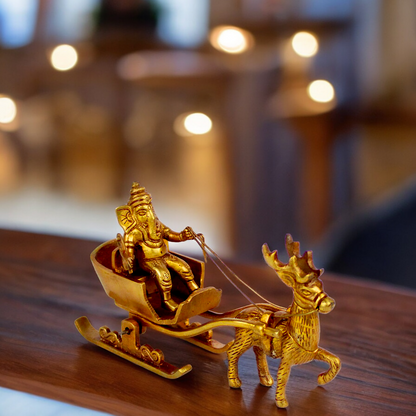 Solid Brass Ganesh Sitting deer Rath idol - 7 inches Nikuressence