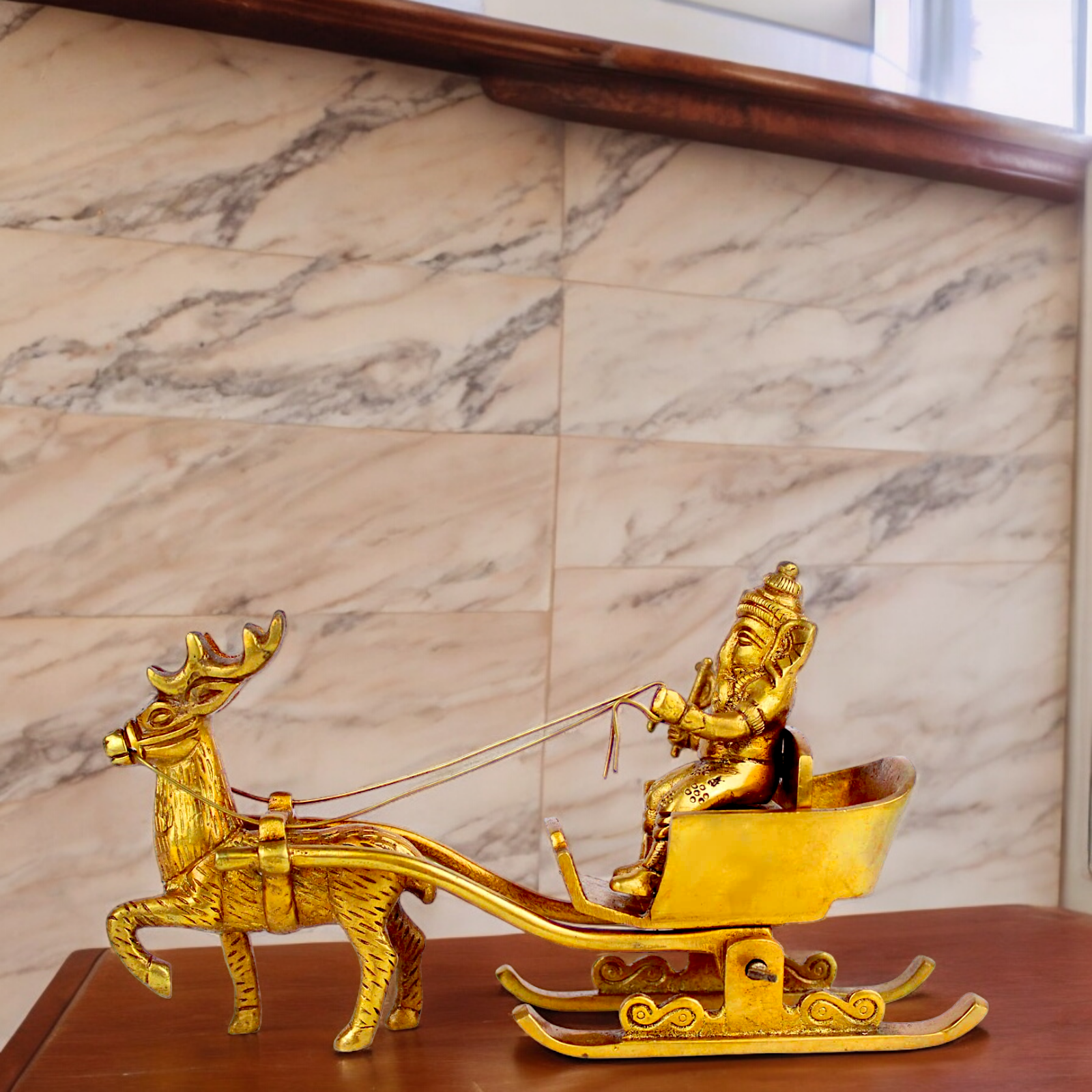 Solid Brass Ganesh Sitting deer Rath idol - 7 inches Nikuressence