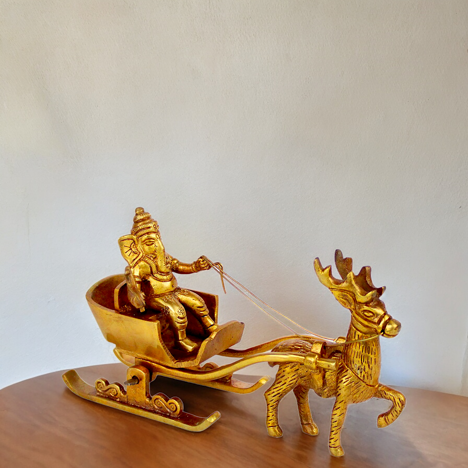 Solid Brass Ganesh Sitting deer Rath idol - 7 inches Nikuressence