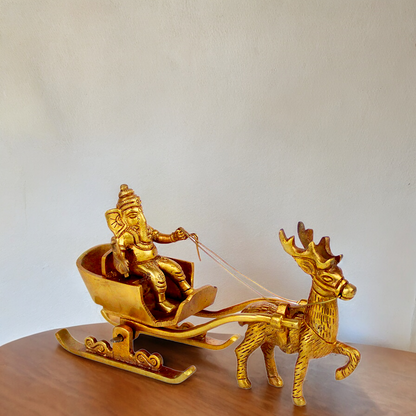 Solid Brass Ganesh Sitting deer Rath idol - 7 inches Nikuressence