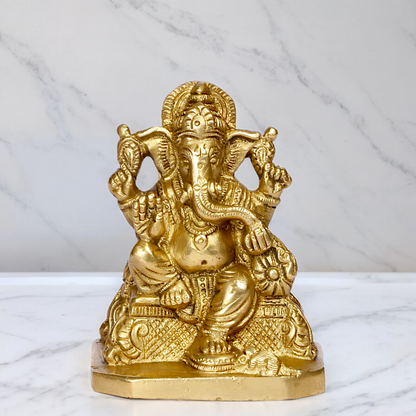 Lord Ganesh Sitting on Singhasan with Blessing Solid brass statue - 4 inches Nikuressence