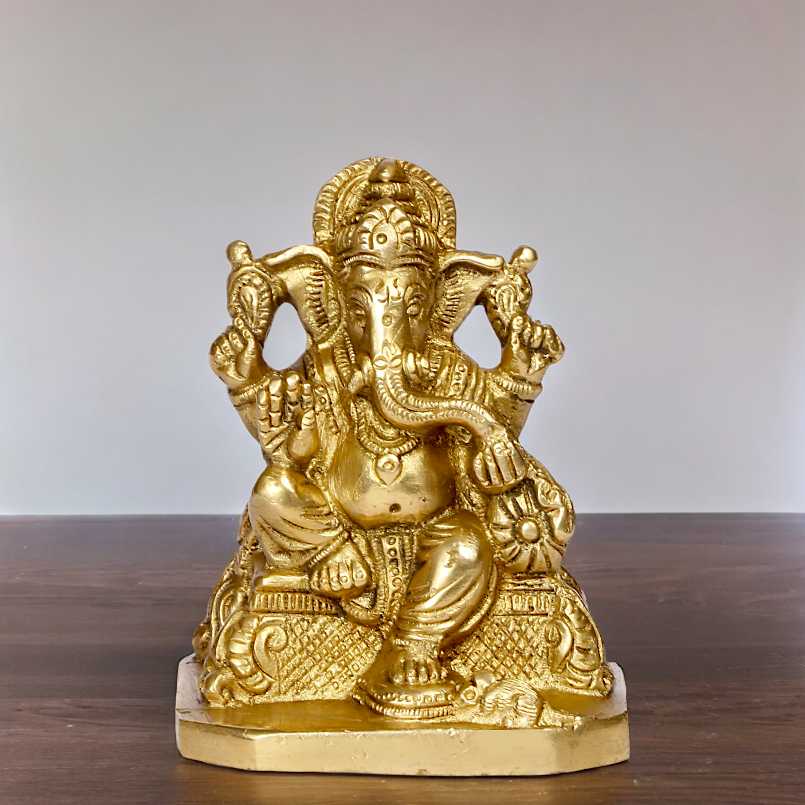 Lord Ganesh Sitting on Singhasan with Blessing Solid brass statue - 4 inches Nikuressence