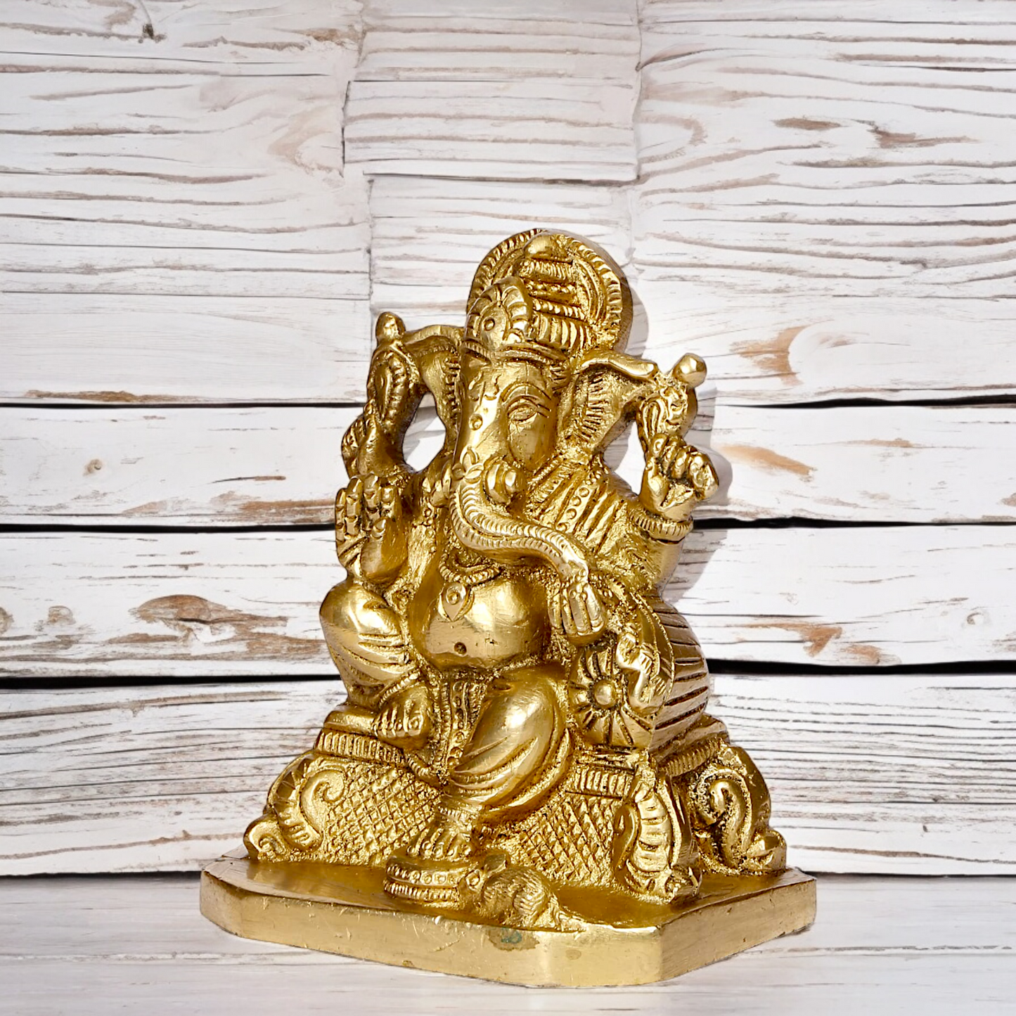 Lord Ganesh Sitting on Singhasan with Blessing Solid brass statue - 4 inches Nikuressence