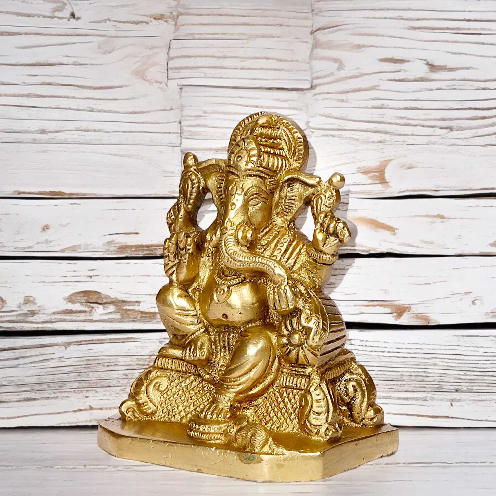 Lord Ganesh Sitting on Singhasan with Blessing Solid brass statue - 4 inches Nikuressence