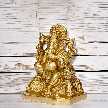 Lord Ganesh Sitting on Singhasan with Blessing Solid brass statue - 4 inches Nikuressence