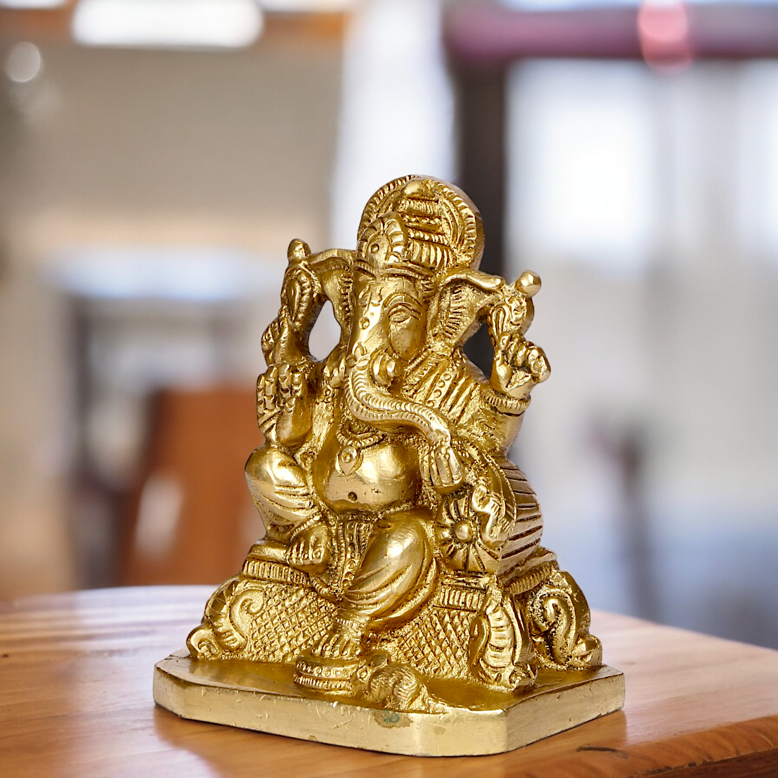 Lord Ganesh Sitting on Singhasan with Blessing Solid brass statue - 4 inches Nikuressence