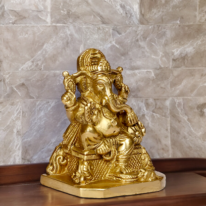 Lord Ganesh Sitting on Singhasan with Blessing Solid brass statue - 4 inches Nikuressence