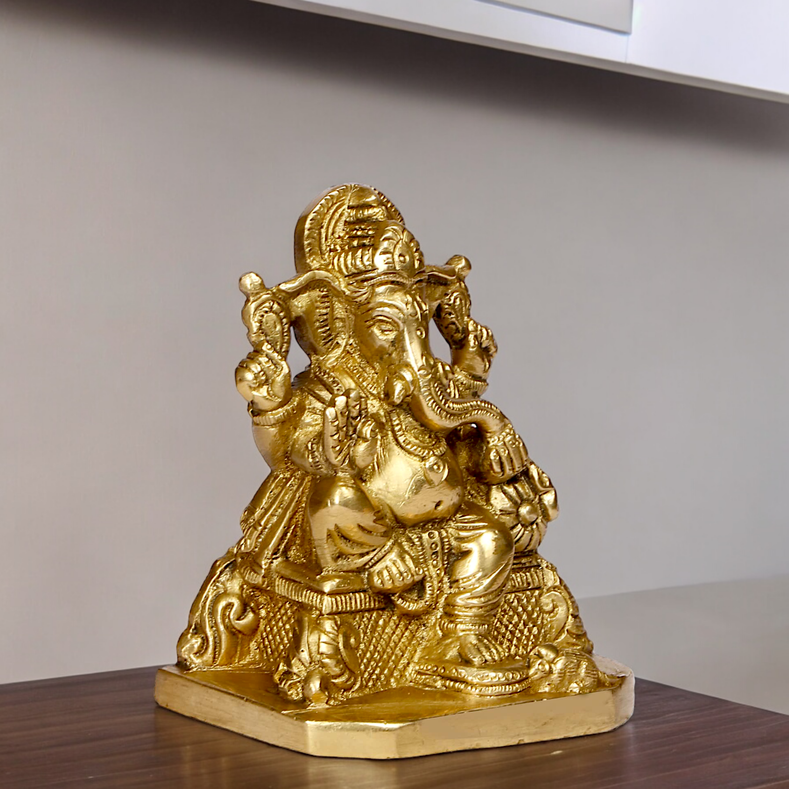 Lord Ganesh Sitting on Singhasan with Blessing Solid brass statue - 4 inches Nikuressence