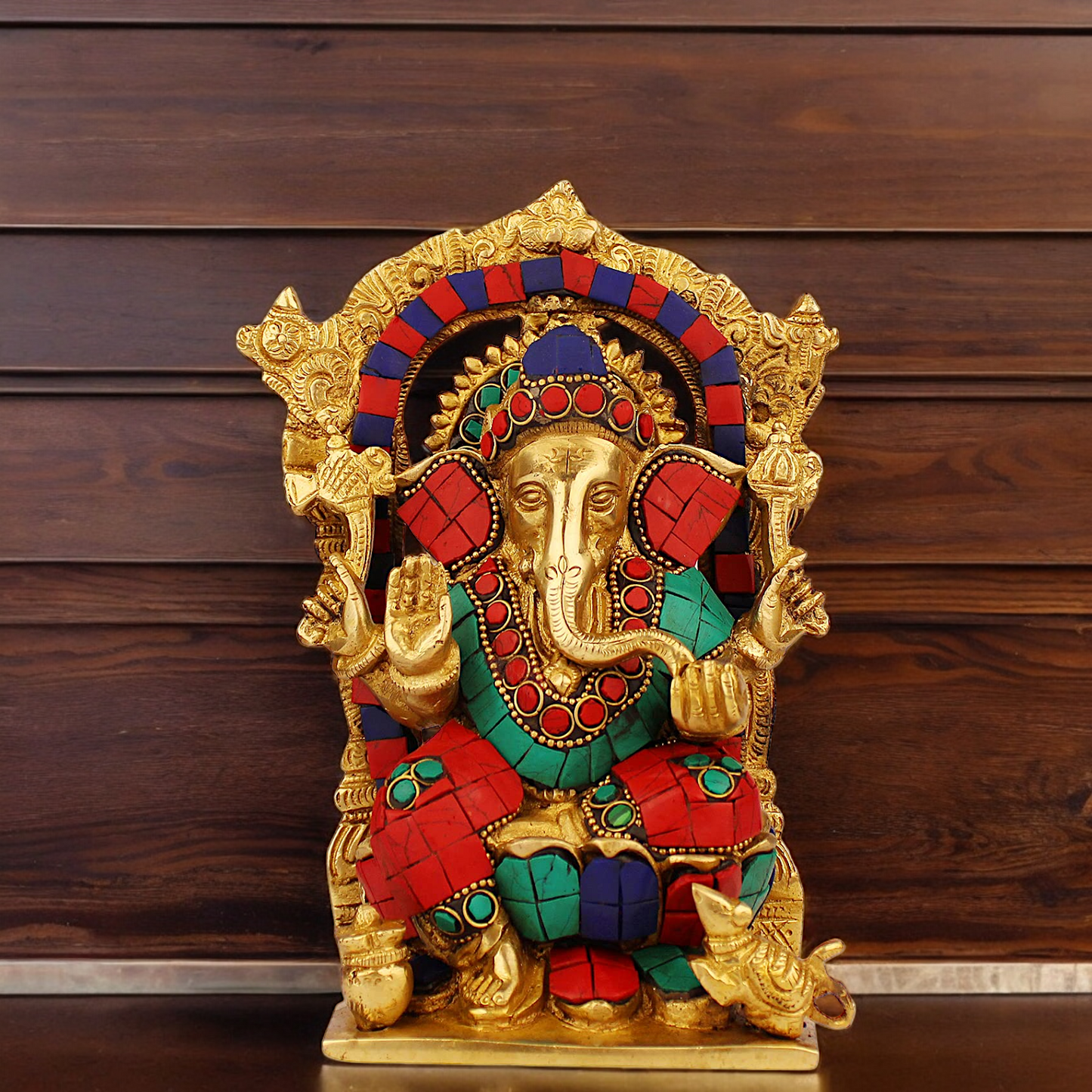 Shop Ganesha Ganpati with Blessing Brass Stone Work idol - 7.5 inches Nikuressence