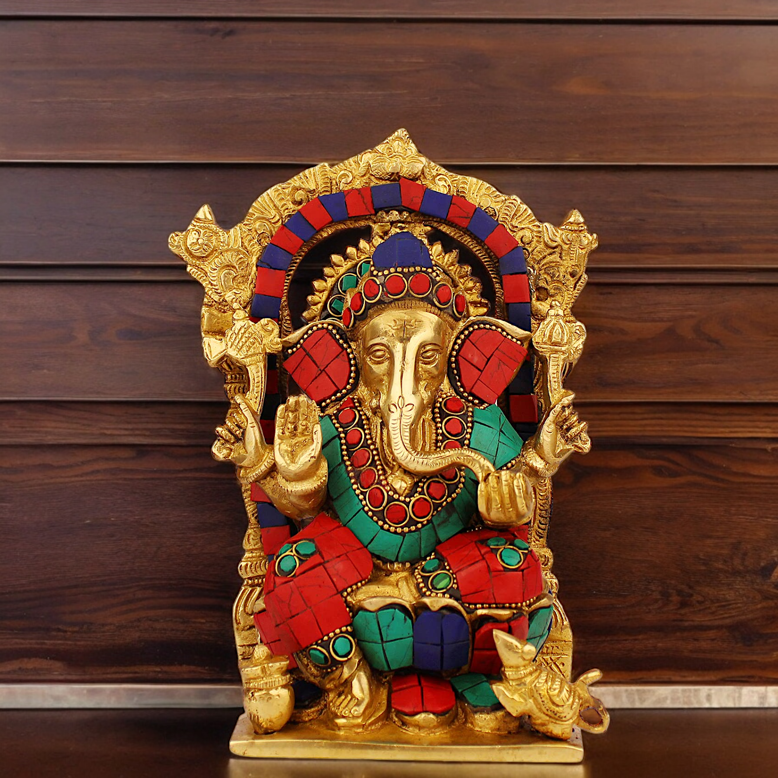 Shop Ganesha Ganpati with Blessing Brass Stone Work idol - 7.5 inches Nikuressence