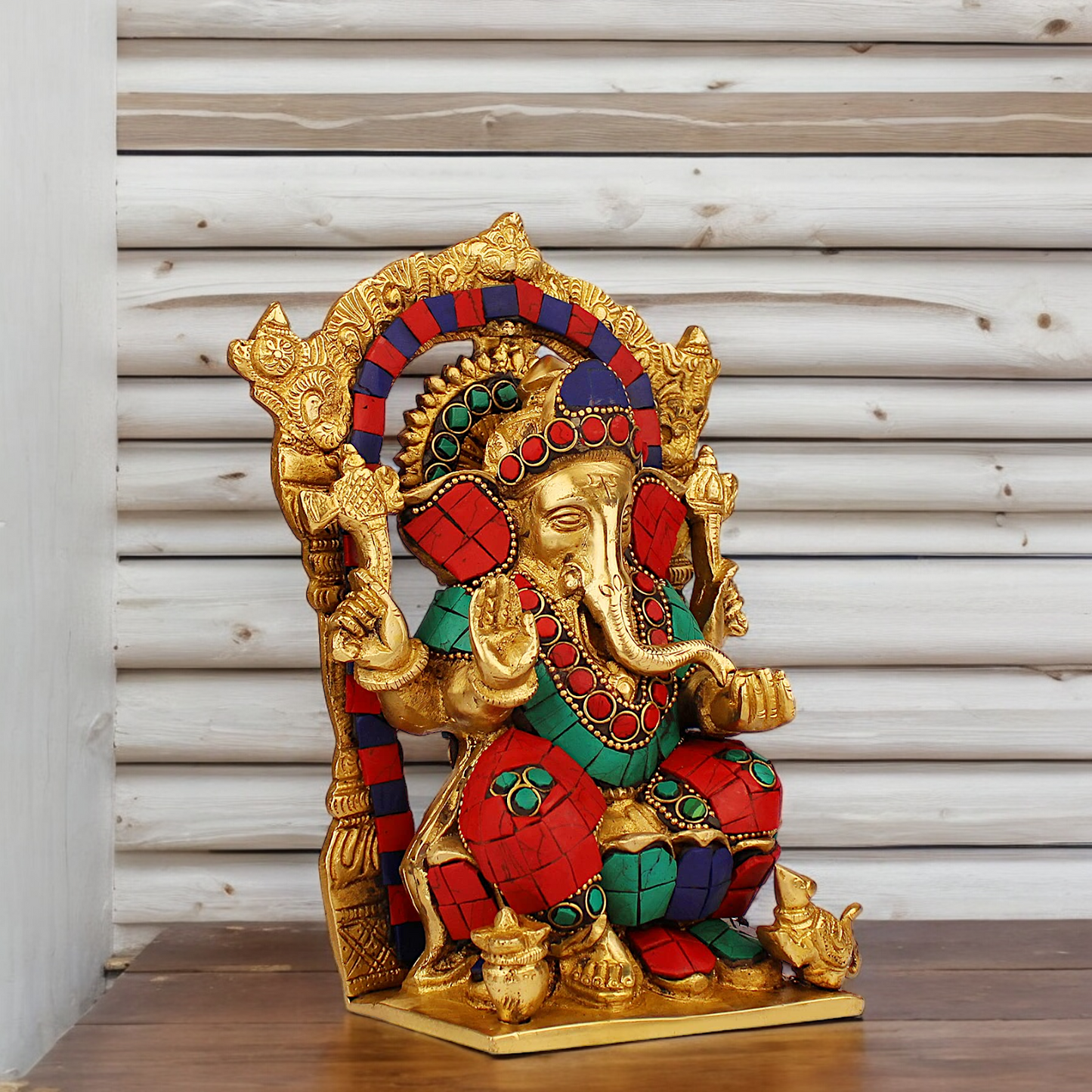 Shop Ganesha Ganpati with Blessing Brass Stone Work idol - 7.5 inches Nikuressence