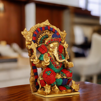 Shop Ganesha Ganpati with Blessing Brass Stone Work idol - 7.5 inches Nikuressence
