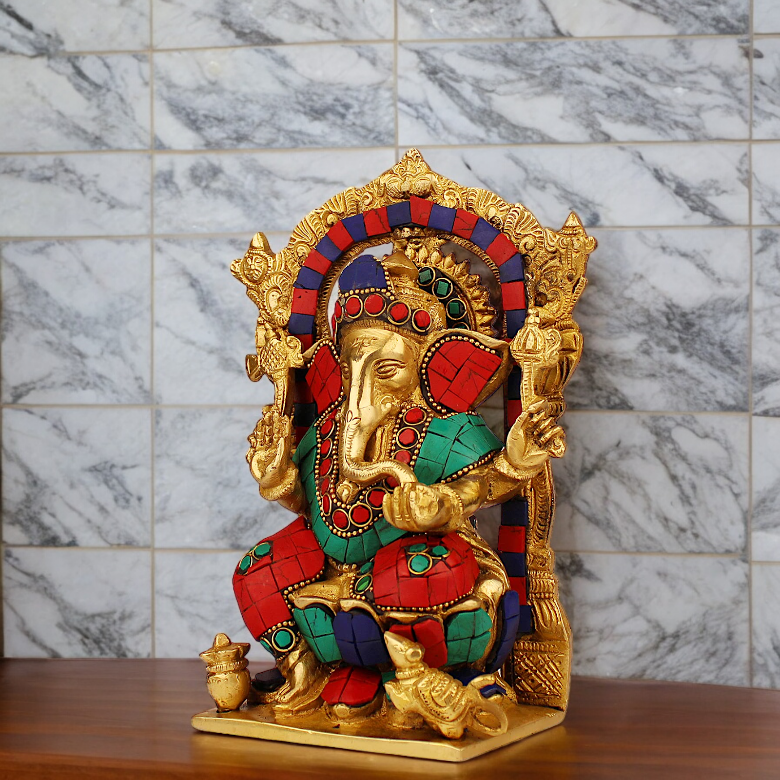 Shop Ganesha Ganpati with Blessing Brass Stone Work idol - 7.5 inches Nikuressence
