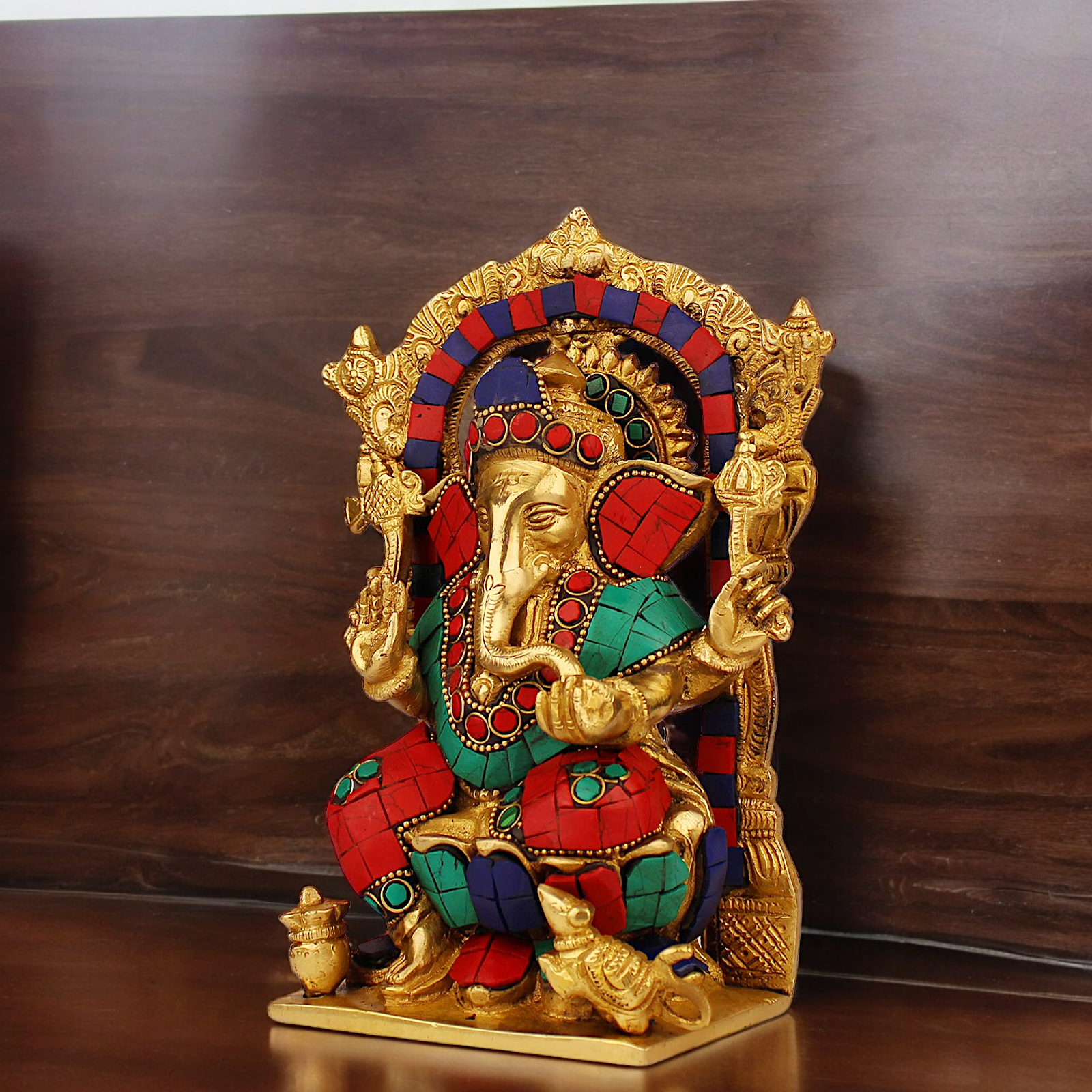 Shop Ganesha Ganpati with Blessing Brass Stone Work idol - 7.5 inches Nikuressence