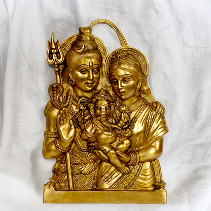 Buy Shiva Parvati with Ganesh solid Brass idol wall hanging - 11.5 inches Nikuressence