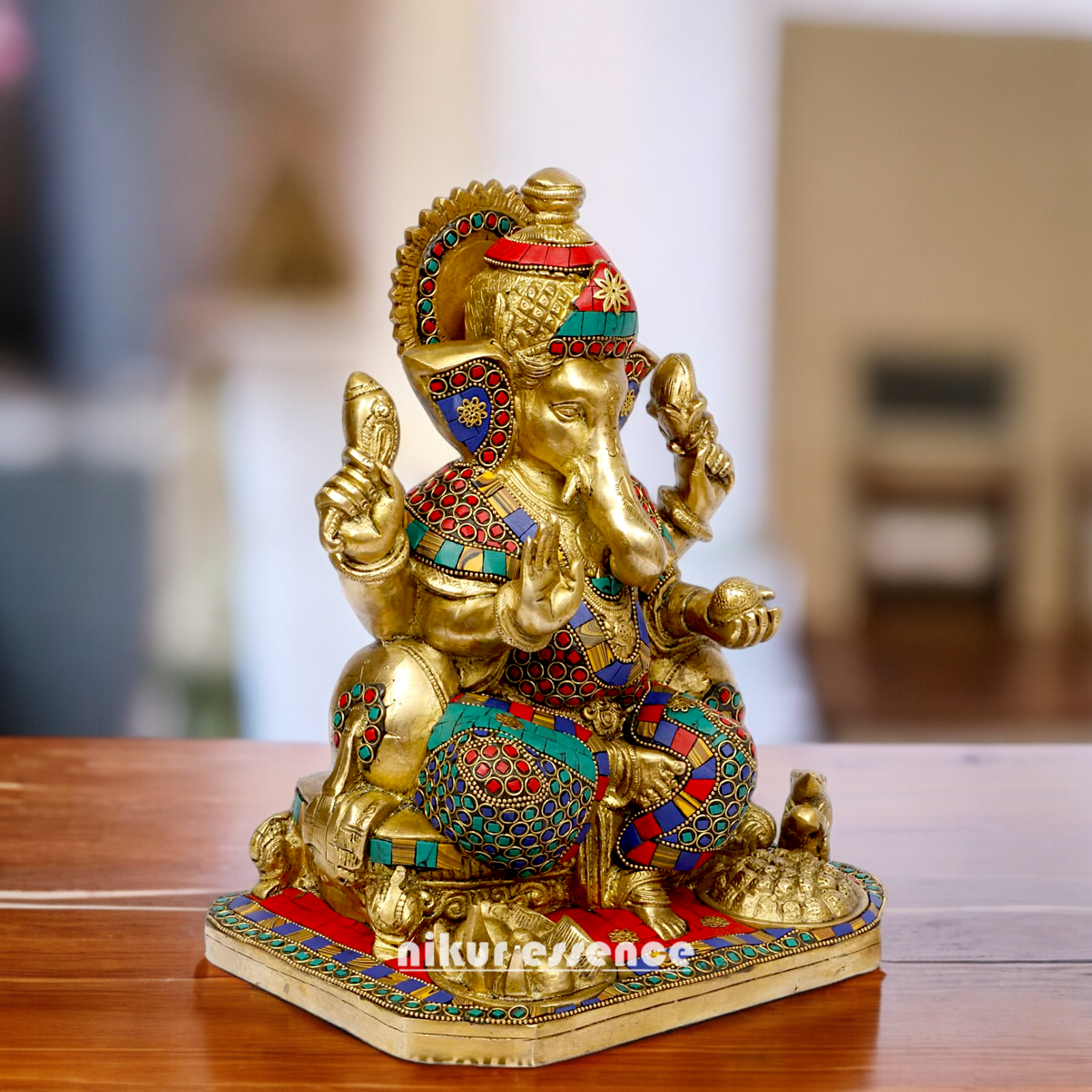 Brass Ganesh Vinayaka Murti with stone work idol - 13 inches Nikuressence