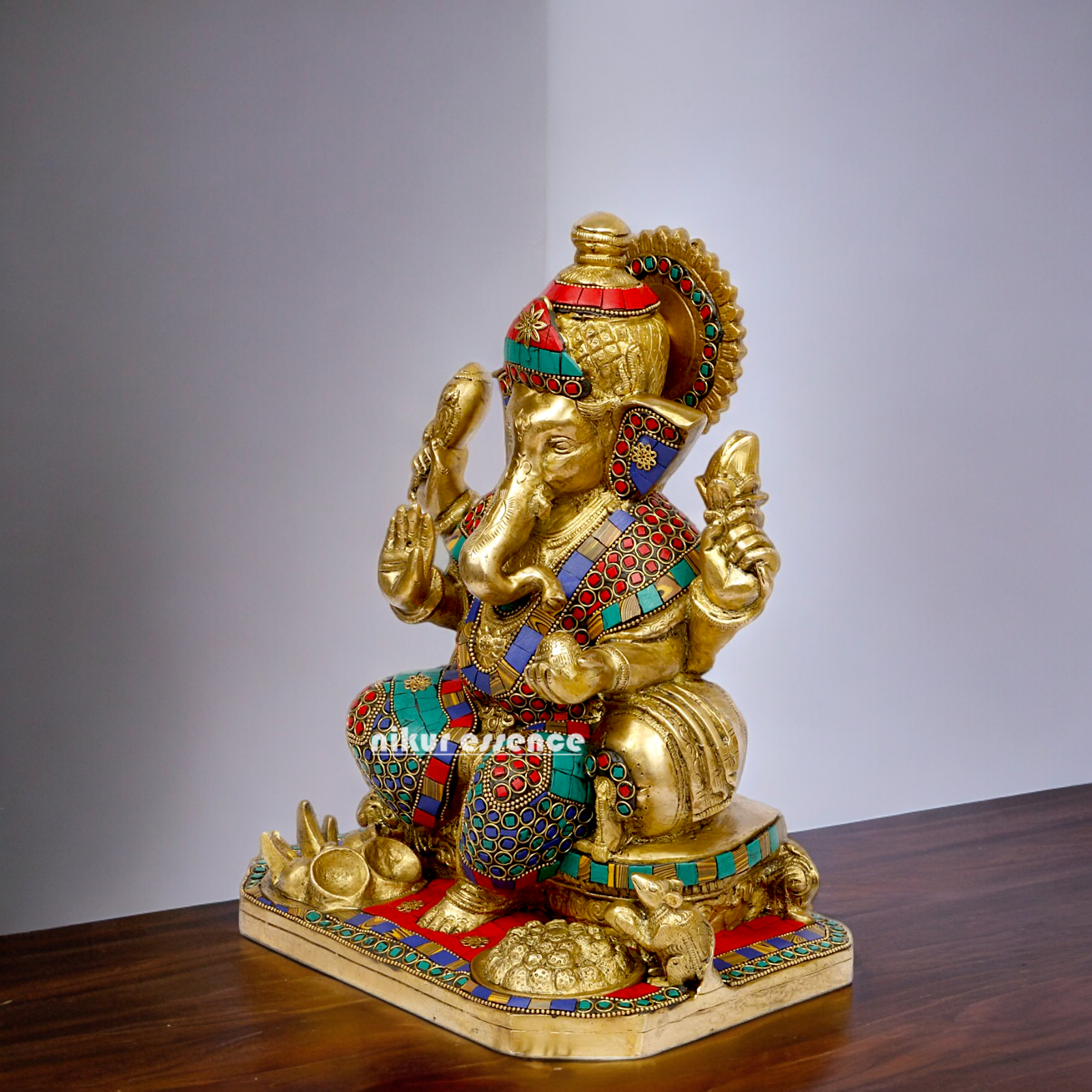 Brass Ganesh Vinayaka Murti with stone work idol - 13 inches Nikuressence
