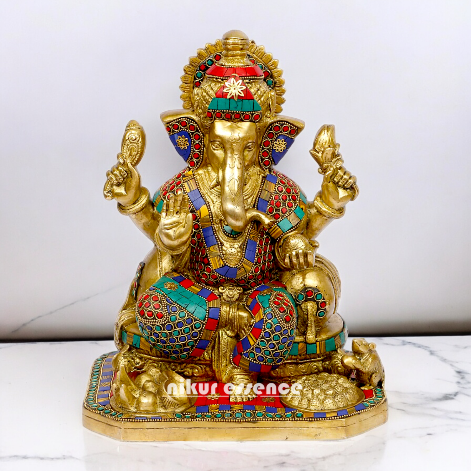 Brass Ganesh Vinayaka Murti with stone work idol - 13 inches Nikuressence