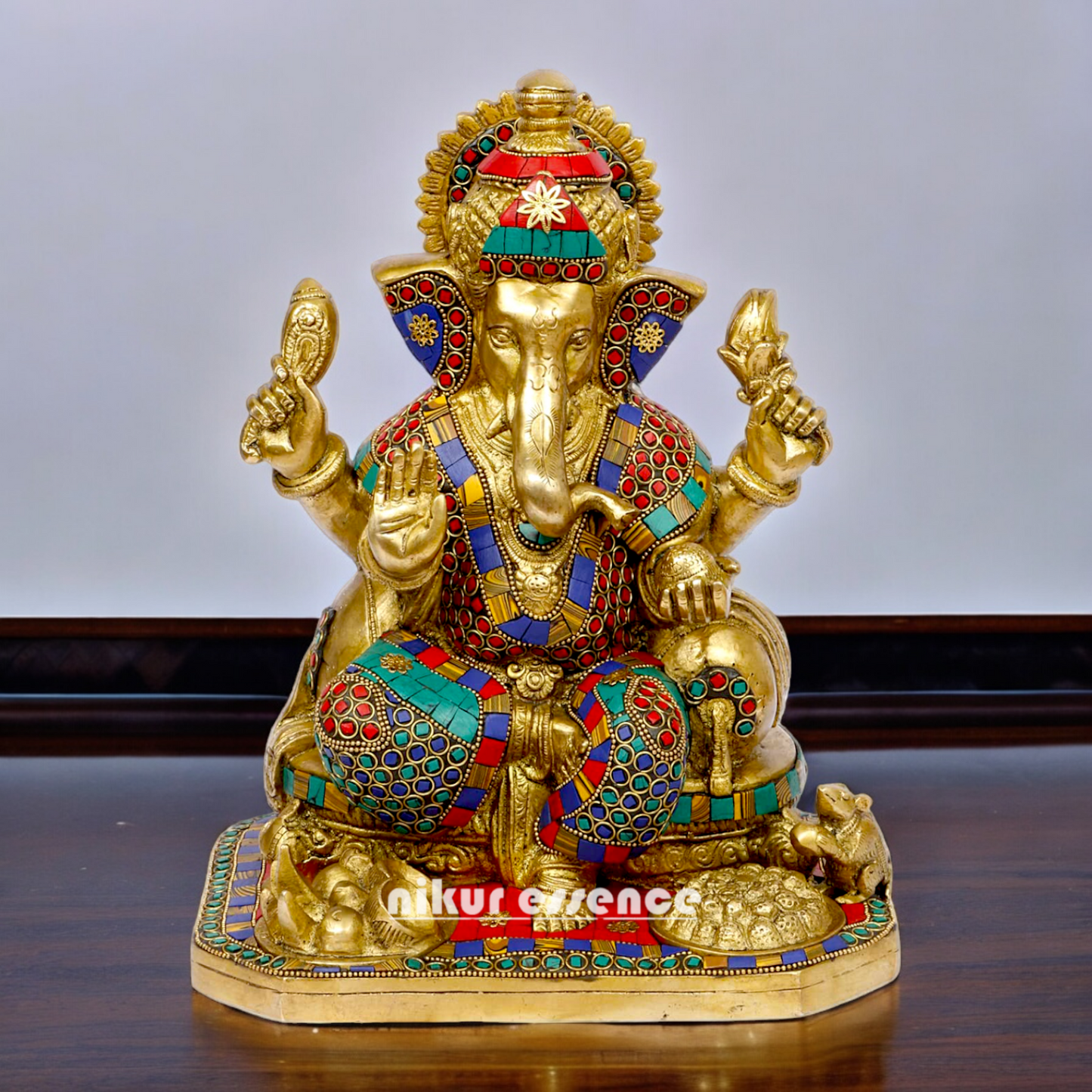 Brass Ganesh Vinayaka Murti with stone work idol - 13 inches Nikuressence